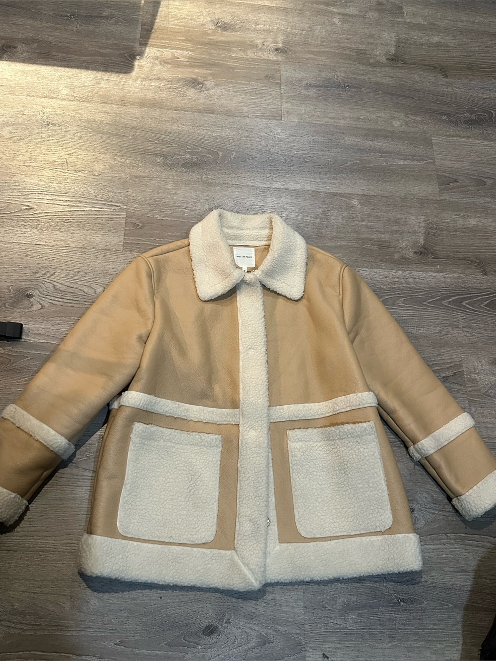 Avec Les Filles Faux Shearling Aviator Jacket Tan Cream Sherpa Coat XL